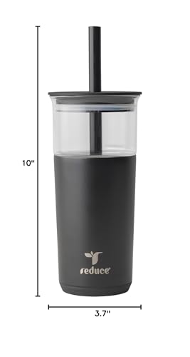 REDUCE Aspen - 20oz Vacuum Insulated Glass Tumbler - Extra Wide Straw & Lid | Keeps drinks cold for 12 hours, ideal for iced coffee, smoothies & boba, dishwasher safe, soft base - color: Phantom