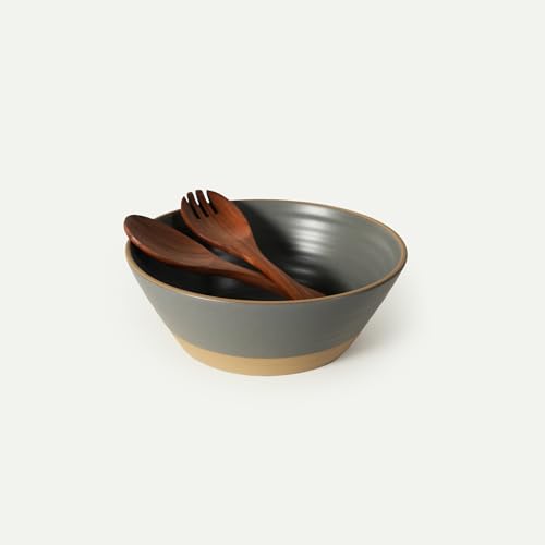 MORA Giant Salad Bowl Set with Wood Salad Servers, 4 qt Large Ceramic Serving Bowl for Salad, Pasta & Fruit, Microwave, Oven and Dishwasher Safe - Storm - color: Storm