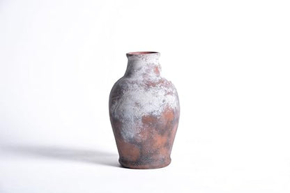 Handmade Rustic-Style Ceramic Decorative vase, Dimensions 8.3 x 5.5 inches, Featuring Distressed Gray and Terracotta hues, Suitable for Rustic, Country, and Various Decor Styles.
