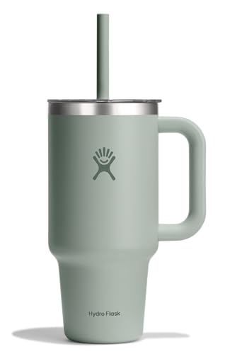 Hydro Flask Travel Tumbler with Handle, Clear Lid and Straw - Insulated Stainless Steel - color: AGAVE, size: 32 Ounces