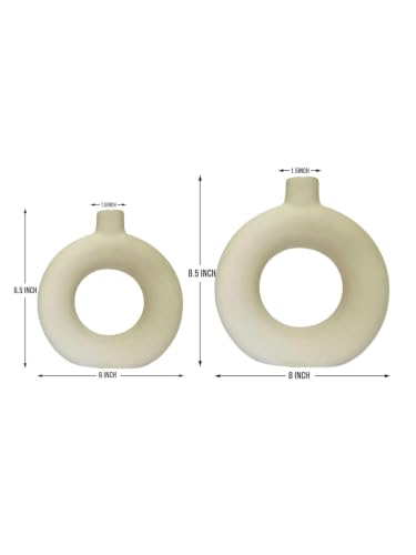 DESI SAMAAN Store Unique White Ceramic Donut Vases | Decorative Donut Vase for Dried Flowers & Pampas Grass (Set of 2) (6 & 8 Inch (Donut VASE)) - size: 6 & 8 Inch ( DONUT VASE )