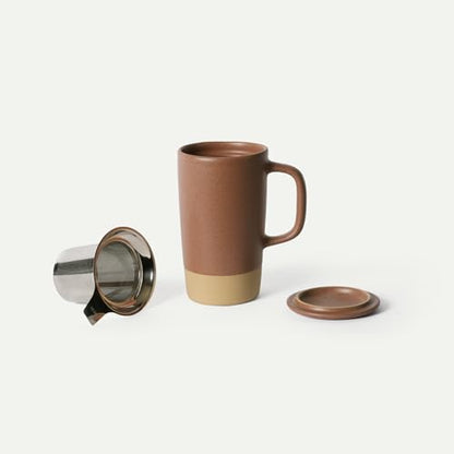 Mora Ceramics Large Tea Mug with Loose Leaf Infuser and Ceramic Lid, 18 oz, Portable, Microwave, Dishwasher Safe, Tall Coffee Cup - Rustic Matte Ceramic Glaze, Modern Herbal Tea Strainer, Terracotta - color: Teracotta