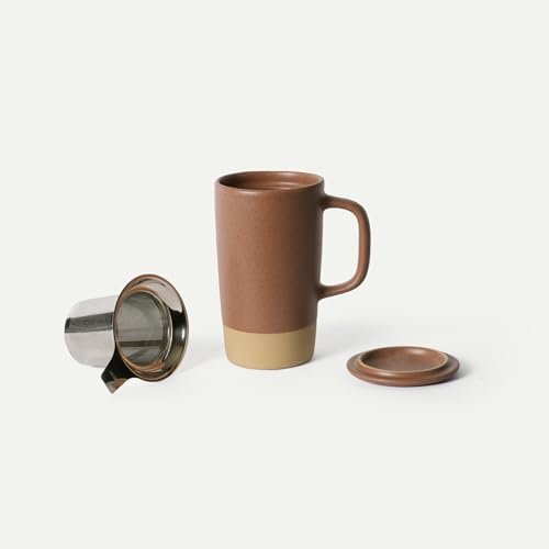 Mora Ceramics Large Tea Mug with Loose Leaf Infuser and Ceramic Lid, 18 oz, Portable, Microwave, Dishwasher Safe, Tall Coffee Cup - Rustic Matte Ceramic Glaze, Modern Herbal Tea Strainer, Terracotta - color: Teracotta