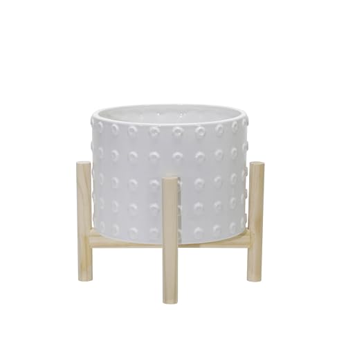 Sagebrook Home Ceramic Dotted Planter 8" with Pine Wood Stand - Elegant White - color: Dot White, size: 8 Inch