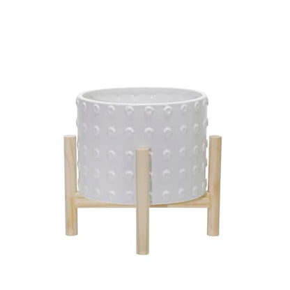 Sagebrook Home Ceramic Dotted Planter 8" with Pine Wood Stand - Elegant White - color: Dot White, size: 8 Inch