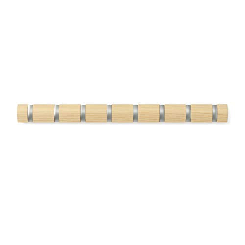 Umbra Flip Coat Rack, Wall Mount 8-Hook, Space Saving, Natural/Nickel | Real wood and steel build, retractable hooks fold flat, holds coats bags and scarves, easy install - color: Natural/Nickel, size: 8-Hook