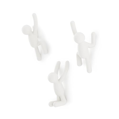 Umbra Buddy Wall Hooks, Decorative Wall Mount Coat Hooks, Set of 3, White | Easy install with hardware, holds 5lbs per hook, entryway bedroom bathroom dorm, playful hanging storage, recycled plastic - color: White, size: 10 Inch L x 7.5 Inch W x 3 Inch H