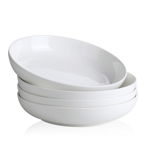 YHY Pasta Bowls Set of 4, 22 oz Ceramic Salad Plates, 7.8 Inch Wide Shallow Porcelain Dishes for Dinner, Microwave & Dishwasher Safe, White - size: 7.8 inches