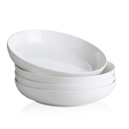 YHY Pasta Bowls Set of 4, 22 oz Ceramic Salad Plates, 7.8 Inch Wide Shallow Porcelain Dishes for Dinner, Microwave & Dishwasher Safe, White - size: 7.8 inches