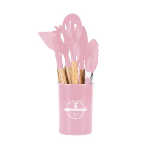 12 PCS Silicone Kitchen Utensils Set with Wooden Handle, Non-Stick Heat Resistant Cooking Tools with Holder, BPA-Free Kitchen Gadgets for Cookware, Multicolor