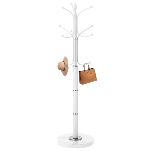 Coat Rack Stand,White Metal Coat Rack Freestanding with 12 Hooks | Modern Coat Rack with Natural Marble Base,Heavy Duty Coat Hanger Stand, Coat Hall Clothes Tree Stand for Office,Bebroom - color: White-12Hooks