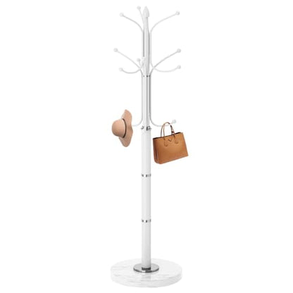 Coat Rack Stand,White Metal Coat Rack Freestanding with 12 Hooks | Modern Coat Rack with Natural Marble Base,Heavy Duty Coat Hanger Stand, Coat Hall Clothes Tree Stand for Office,Bebroom - color: White-12Hooks