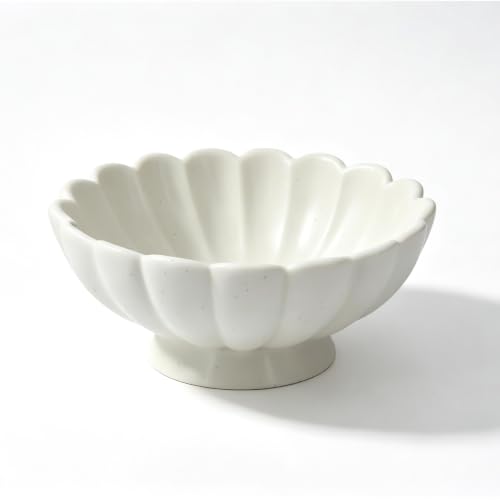 8-Inch Medium Fluted Ceramic Decorative Bowl,Cream White Speckled Fruit Bowl for Kitchen Counter,Key Bowl for Entryway Table,Handcrafted Pedestal Bowl for Coffee Table, Dining Room Centerpiece Bowl ﻿
