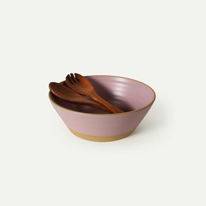 MORA Giant Salad Bowl Set with Wood Salad Servers, 4 qt Large Ceramic Serving Bowl for Salad, Pasta & Fruit, Microwave, Oven and Dishwasher Safe - Dawn - color: Dawn