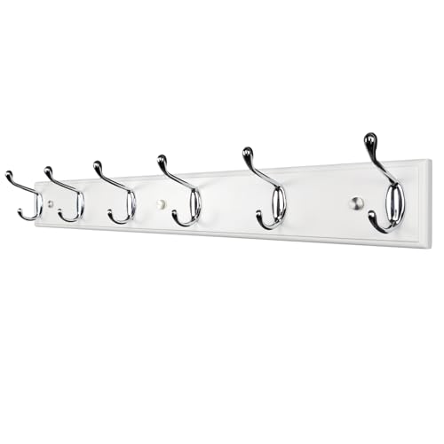 Wooden Wall Mounted Coat Rack – 25 Inch (65vcm), White with 6 Silver Hooks for Entryway, Hallway, Bedroom - size: Medium-25.6in(65cm),6 Silver Hooks, style: Modern