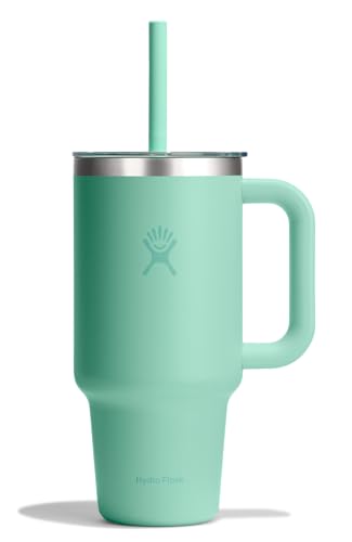 Hydro Flask Travel Tumbler with Handle, Clear Lid and Straw - Insulated Stainless Steel - color: MERMAID GREEN, size: 32 Ounces