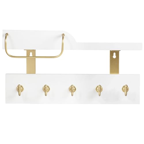 Tirzah Key Holder Wall Mount 2-Tier Real Wood White Entryway Organizer Floating Shelf with 5 Gold Metal Hooks, Sunglasses Holder Bar, Guard Rail for Keys, Mails, Hats (14" × 6" × 4")