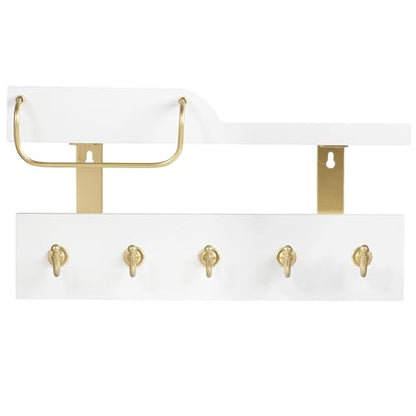 Tirzah Key Holder Wall Mount 2-Tier Real Wood White Entryway Organizer Floating Shelf with 5 Gold Metal Hooks, Sunglasses Holder Bar, Guard Rail for Keys, Mails, Hats (14" × 6" × 4")