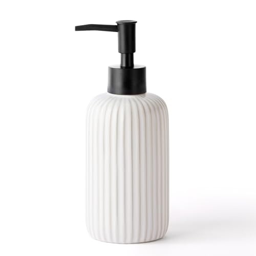 Hand Soap Dispenser Bathroom Accessories, 15oz Ceramic Dish Soap Dispenser for Kitchen Sink, Refillable Liquid Pump Bottle for Shampoo, Lotion, Conditioner, Black White Bathroom Decor - color: Ribbed-white