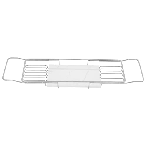 Expandable Stainless Steel Bathtub Caddy Tray, Adjustable Over Tub Rack Marble Board Anti-Slip Groove Raised Guardrail Modern Bath Organizer for Home Hotel Bathroom Use (Silver+White) - color: Silver+white
