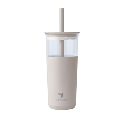 REDUCE Aspen - 20oz Vacuum Insulated Glass Tumbler - Extra Wide Straw & Lid | Keeps drinks cold for 12 hours, ideal for iced coffee, smoothies & boba, dishwasher safe, soft base - color: Sand