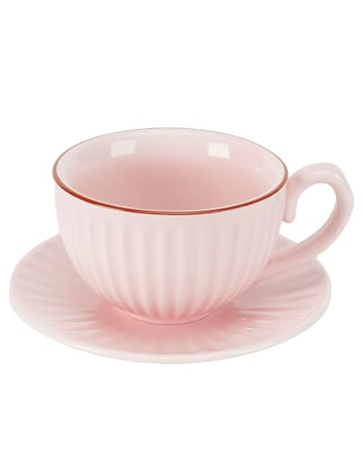 Ceramic Coffee Cup and Saucer Set,11 oz Latte Cappuccino Cup with Saucer,Pink Porcelain Tea Cup Set for Espresso,Coffee or Tea Cup for Home Kitchen,Coffee Bar,Brunch,Microwave & Dishwasher Safe(Pink) - color: Pink Latte