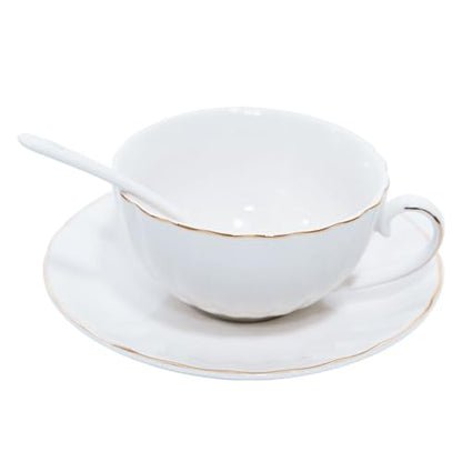 Bone China Tea Cup and Saucer Set with Spoon，Elegant Floral Tea Cup Set (7 oz)，British Coffee Latte Mug for Birthday Party Christmas gift for Friends - color: white-A