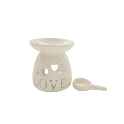Ceramic Tealight Candle Holder Love Essential Oil Burner Ornament with Spoon for Yoga Spa, Oil Diffuser Aromatherapy Wax Melt Burners for Bedroom Home Decoration (White)