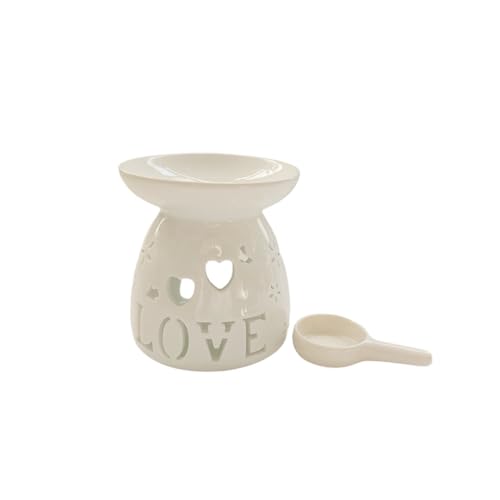 Ceramic Tealight Candle Holder Love Essential Oil Burner Ornament with Spoon for Yoga Spa, Oil Diffuser Aromatherapy Wax Melt Burners for Bedroom Home Decoration (White)