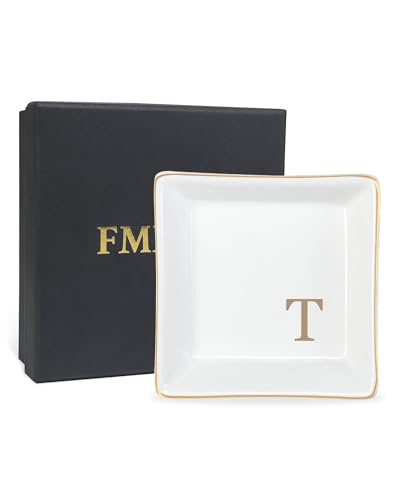 Personalized Jewelry Dish Tray with Initial, Gifts for Women Bride | Gift Box, Birthday Valentines Mother's Day Christmas Engagement Wedding Bridesmaid Gifts Monogrammed Aesthetic Decorat - color: T