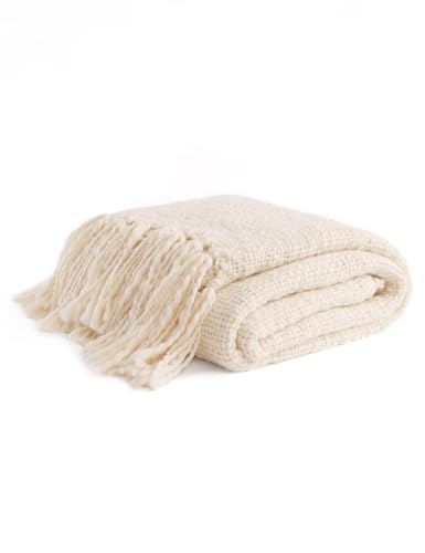 YnM Basketweave Knit Throw, Solid Neutral Vibe Textured Blanket with Tassel for Home Decor, 50 x 60 in, Cream