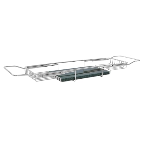 Expandable Bathtub Tray Caddy for Luxury Bath, Extra Wide Acrylic Tub Tray with Natural Marble Board, Waterproof Bath Tub Shelf for Phone, Wine, Book, Tablet Stand - Ideal Home Spa (Silver, Green) - color: Silver, Green