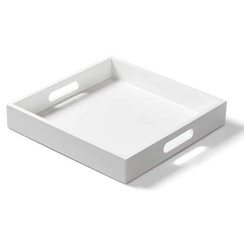 White Wooden Serving Tray with Handles, 12"x12"x2"H Square Countertop Organizer Tray， Decorative Cosmetics Trays for Kitchen, Bathroom, Sturdy Food Trays for Breakfast, Tea