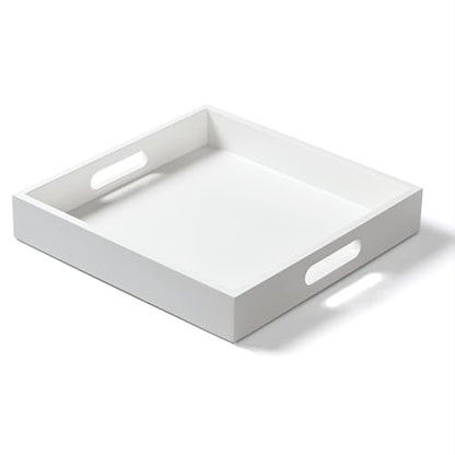 White Wooden Serving Tray with Handles, 12"x12"x2"H Square Countertop Organizer Tray， Decorative Cosmetics Trays for Kitchen, Bathroom, Sturdy Food Trays for Breakfast, Tea