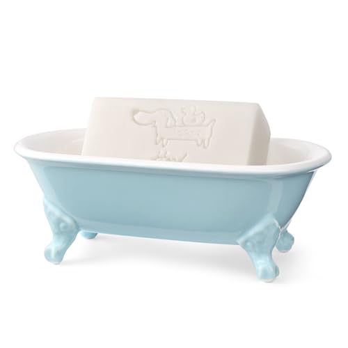 6.5" Ceramic Mini Decorative Clawfoot Bathtub Bar Soap Dish, Kitchen Sponge Holder and Shower Tray for Bathroom, 1 Pack(Baby Blue) - color: Baby Blue