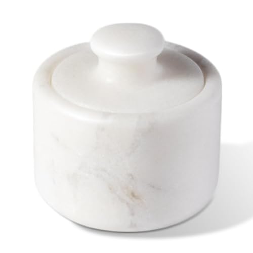 Marble Salt Cellar with Lid 3.5" White, Stone Pepper Container & Spice Jars for Kitchen, Marble Salt and Pepper Holder, Stone Storage Box for Kitchen Counter, Spice Jar(Namib Fantasy White) - color: White