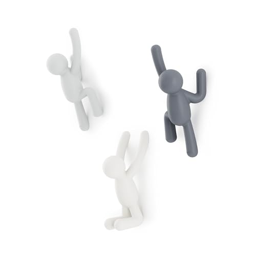 Umbra Buddy Wall Hooks, Decorative Wall Mount Coat Hooks, Set of 3, Grey | Easy install with hardware, holds 5lbs per hook, entryway bedroom bathroom dorm, playful hanging storage, recycled plastic - color: Gray, size: 10 Inch L x 7.5 Inch W x 3 Inch H