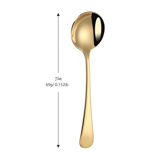 7" Round Soup Spoons Set of 4,18/10 Stainless Steel Heavy Duty with Deep Bowl,Fine Mirror Polished,Dishwasher Safe(Gold)