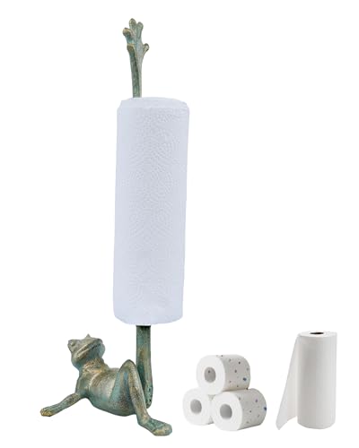16.5" Golden-Green Frog Paper Towel Holder for Bathroom & Kitchen - Whimsical Cast Iron Free Standing Paper Roll Holder, Decorative Toilet Paper Stand with Weighted Base - color: Golden Green