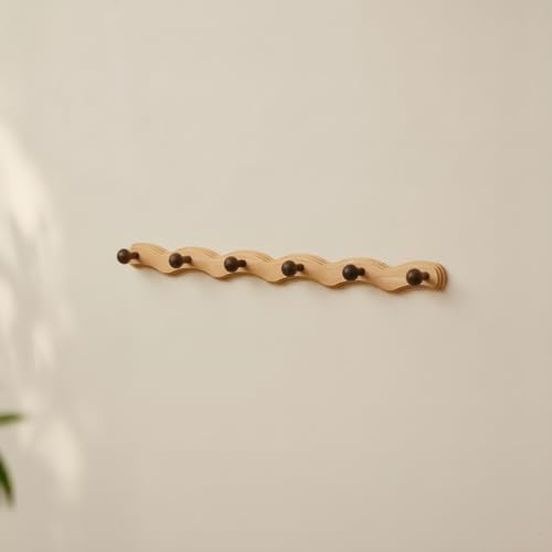 Hook Wooden Coat Rack Peg Rail Hat Holder with Artistic Solid Wood Structure Six Pegs Smooth Touch Suitable for Walls, 6 Hooks - Auspicious Cloud Beech Wood + Black Walnut Wood - style: 6 Hooks - Auspicious Cloud Beech Wood + Black Walnut Wood