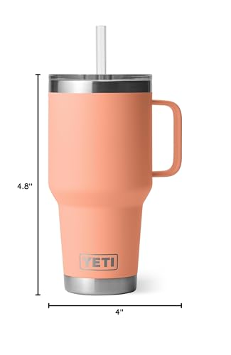 YETI Rambler 35 oz Tumbler with Handle and Straw Lid, Travel Mug Water Tumbler, Vacuum Insulated Cup with Handle, Stainless Steel, Lowcountry Peach - color: Lowcountry Peach, style: 35oz