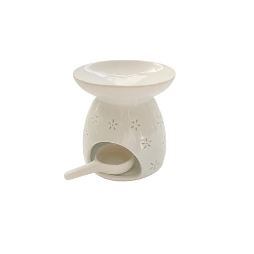 Ceramic Tealight Candle Holder Love Essential Oil Burner Ornament with Spoon for Yoga Spa, Oil Diffuser Aromatherapy Wax Melt Burners for Bedroom Home Decoration (White)