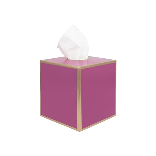 Jaye's Studio Pink Tissue Box Cover, Cute Square Metal Cube for Bathroom | Matte Hand-Painted Finish, Fits Standard Facial Holders, Gold Trim Detail, Open Bottom, Vanity Dorm Desk Use - color: Pink