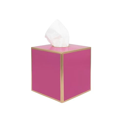 Jaye's Studio Pink Tissue Box Cover, Cute Square Metal Cube for Bathroom | Matte Hand-Painted Finish, Fits Standard Facial Holders, Gold Trim Detail, Open Bottom, Vanity Dorm Desk Use - color: Pink