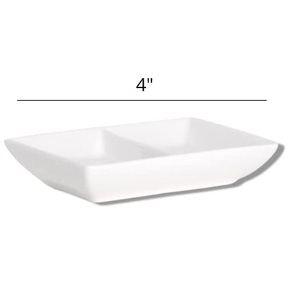 Needzo White Ceramic Divided Ceramic Dish, Two Compartment Dipping Sauce Container Appetizer Holder for Parties, Pack of 2, 4 Inches