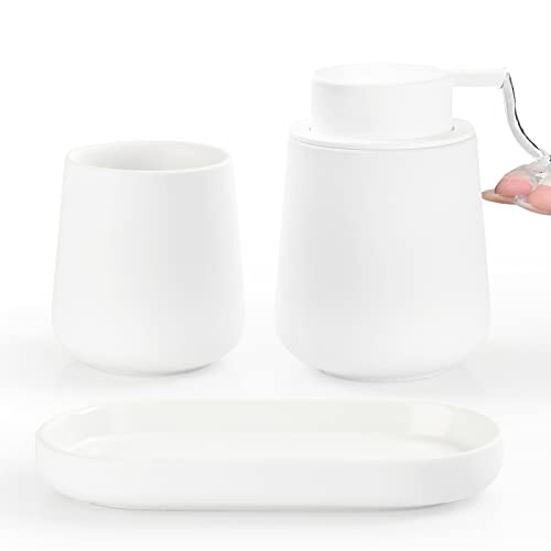 BosilunLife Ceramic Bathroom Accessories Set 3 Pcs | Liquid Soap Dispenser and Toothbrush Holder with Tray, Modern Farmhouse Vanity Decor, White Housewarming Gift - color: White, style: liquid