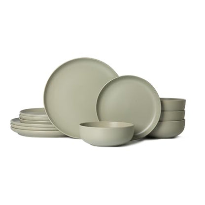 12-Piece Stoneware Dinnerware Set with Mugs | Microwave and Dishwasher Friendly | Stackable Matte Glaze Plates & Bowls | Service for 4 - color: Green for 4