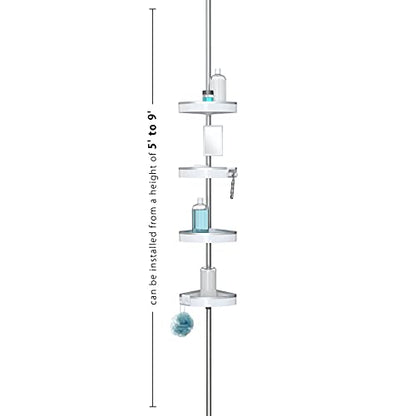 Better Living Making Life A Little Easier HiRISE 4 Corner Standing Shower Caddy 9 Foot Tension Pole Rust Proof Aluminum Shower Organizer with Adjustable Baskets and Bonus Fog Resistant Mirror, White