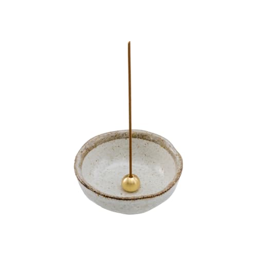 Asayu Japanese Small Mini Incense Holder for Sticks 3.3 inch (83mm), Made in Japan Ceramic Ash Catcher and Brass Incense Burner Set for Yoga, Meditation (Small Pearl Incense Holder)