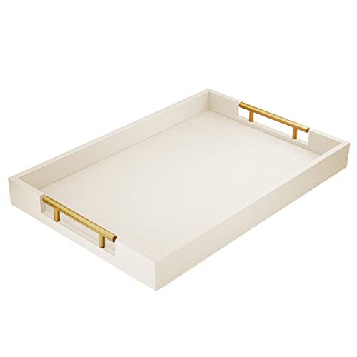 ATZYmolin 17"x12" Leather Serving Tray, Gold Handle Vanity Platter, White | Rectangle Ottoman Decor Tray, Polished Metal Handles, Coffee Table Bathroom Home Decorative Wood Tray - color: White, size: 17" x 12" x 1.8"